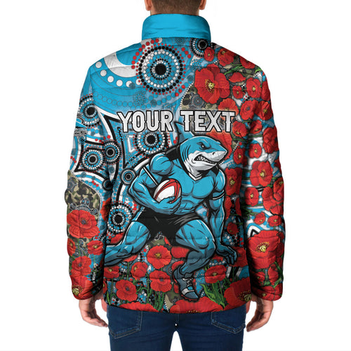 Personalised Cronulla Sharks ANZAC Padded Jacket Indigenous Wave Pattern Poppy Remembrance Shark Warrior
