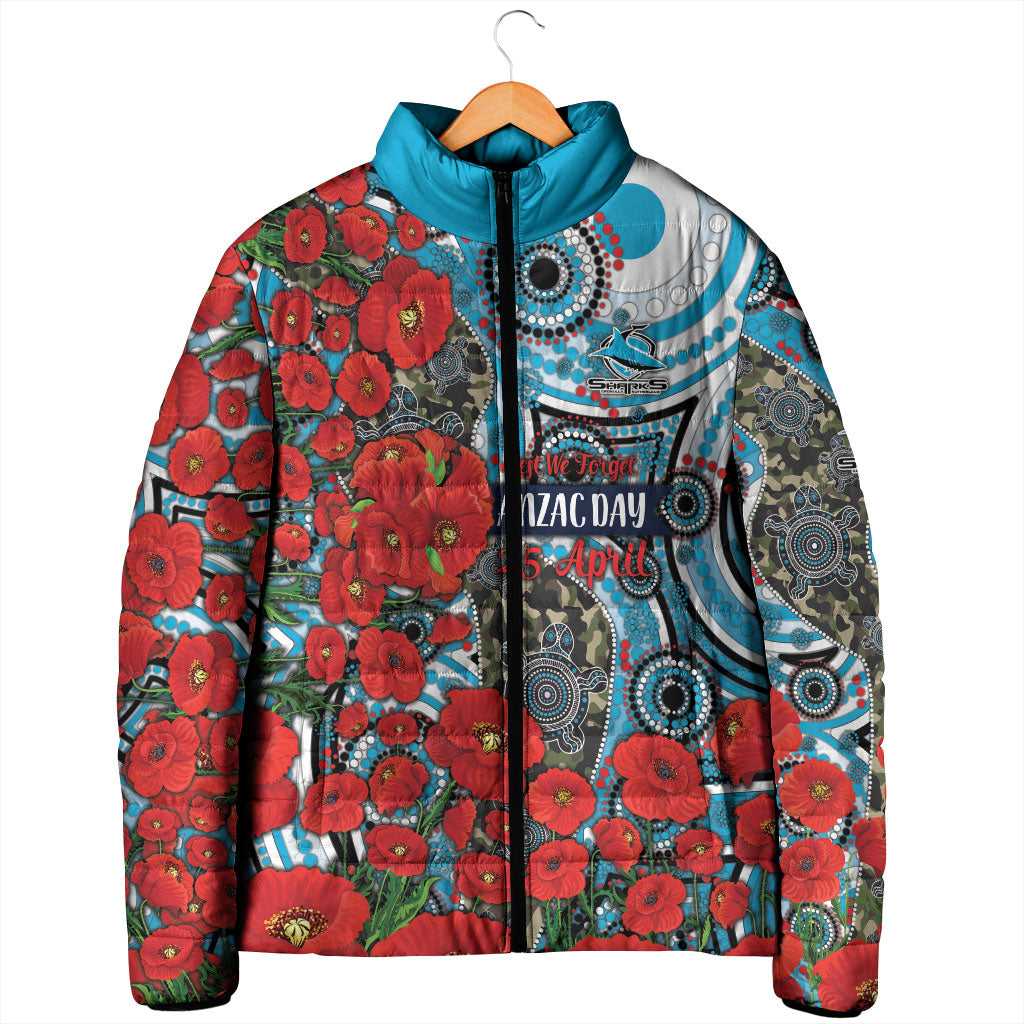 Personalised Cronulla Sharks ANZAC Padded Jacket Indigenous Wave Pattern Poppy Remembrance Shark Warrior