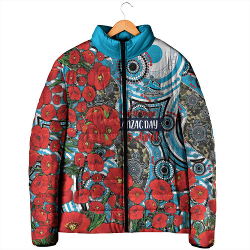 Personalised Cronulla Sharks ANZAC Padded Jacket Indigenous Wave Pattern Poppy Remembrance Shark Warrior