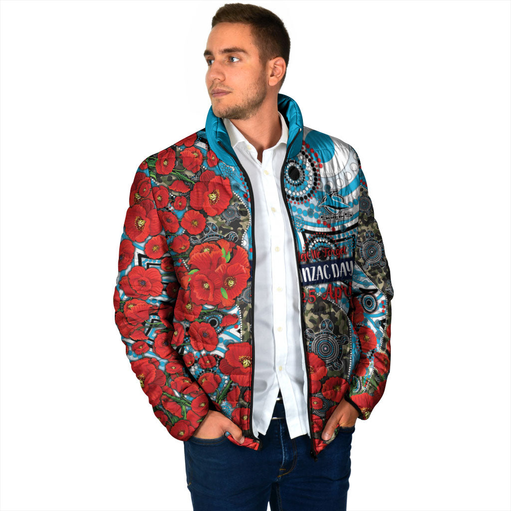 Personalised Cronulla Sharks ANZAC Padded Jacket Indigenous Wave Pattern Poppy Remembrance Shark Warrior