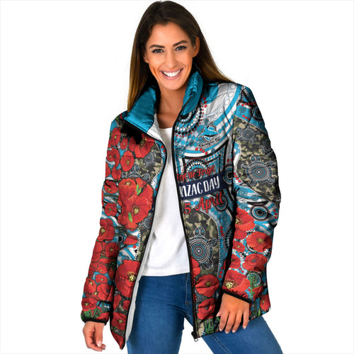 Personalised Cronulla Sharks ANZAC Padded Jacket Indigenous Wave Pattern Poppy Remembrance Shark Warrior