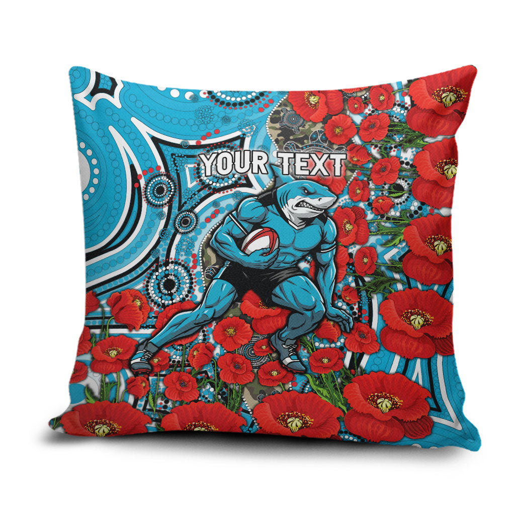 Personalised Cronulla Sharks ANZAC Pillow Cover Indigenous Wave Pattern Poppy Remembrance Shark Warrior