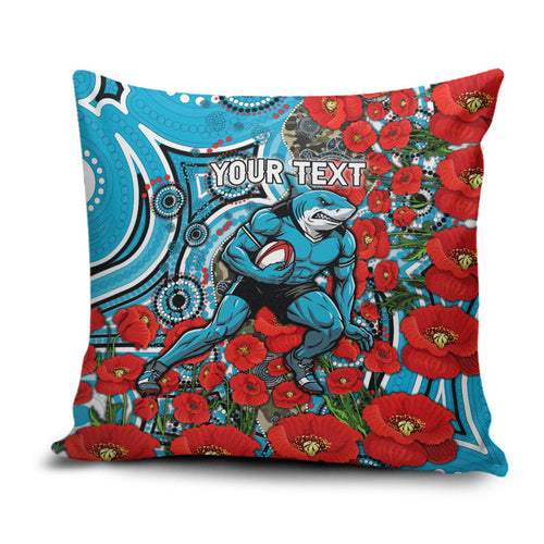 Personalised Cronulla Sharks ANZAC Pillow Cover Indigenous Wave Pattern Poppy Remembrance Shark Warrior