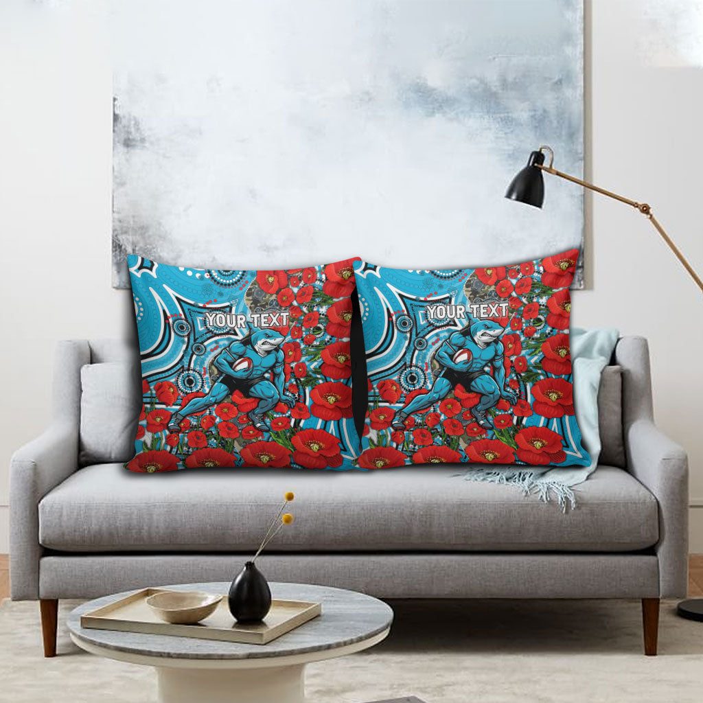 Personalised Cronulla Sharks ANZAC Pillow Cover Indigenous Wave Pattern Poppy Remembrance Shark Warrior