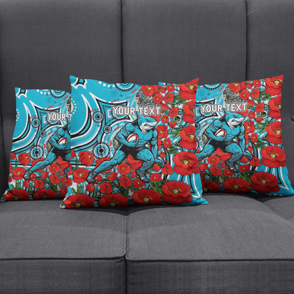 Personalised Cronulla Sharks ANZAC Pillow Cover Indigenous Wave Pattern Poppy Remembrance Shark Warrior