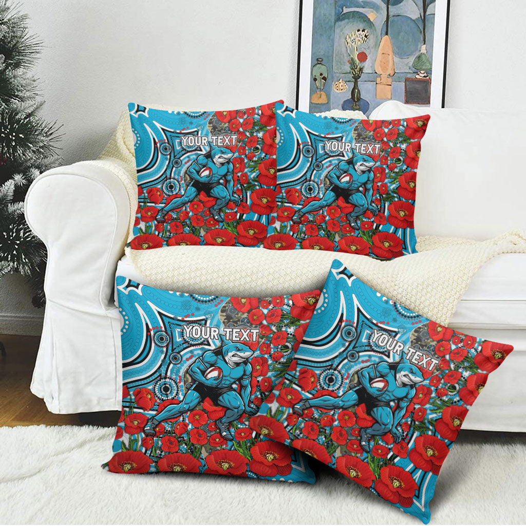 Personalised Cronulla Sharks ANZAC Pillow Cover Indigenous Wave Pattern Poppy Remembrance Shark Warrior