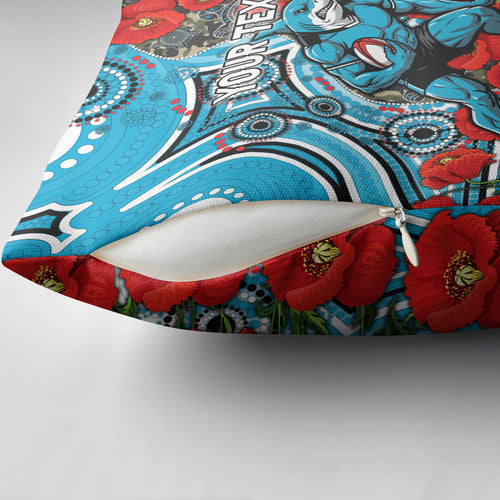 Personalised Cronulla Sharks ANZAC Pillow Cover Indigenous Wave Pattern Poppy Remembrance Shark Warrior