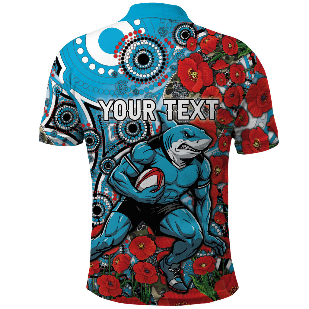 Personalised Cronulla Sharks ANZAC Polo Shirt Indigenous Wave Pattern Poppy Remembrance Shark Warrior