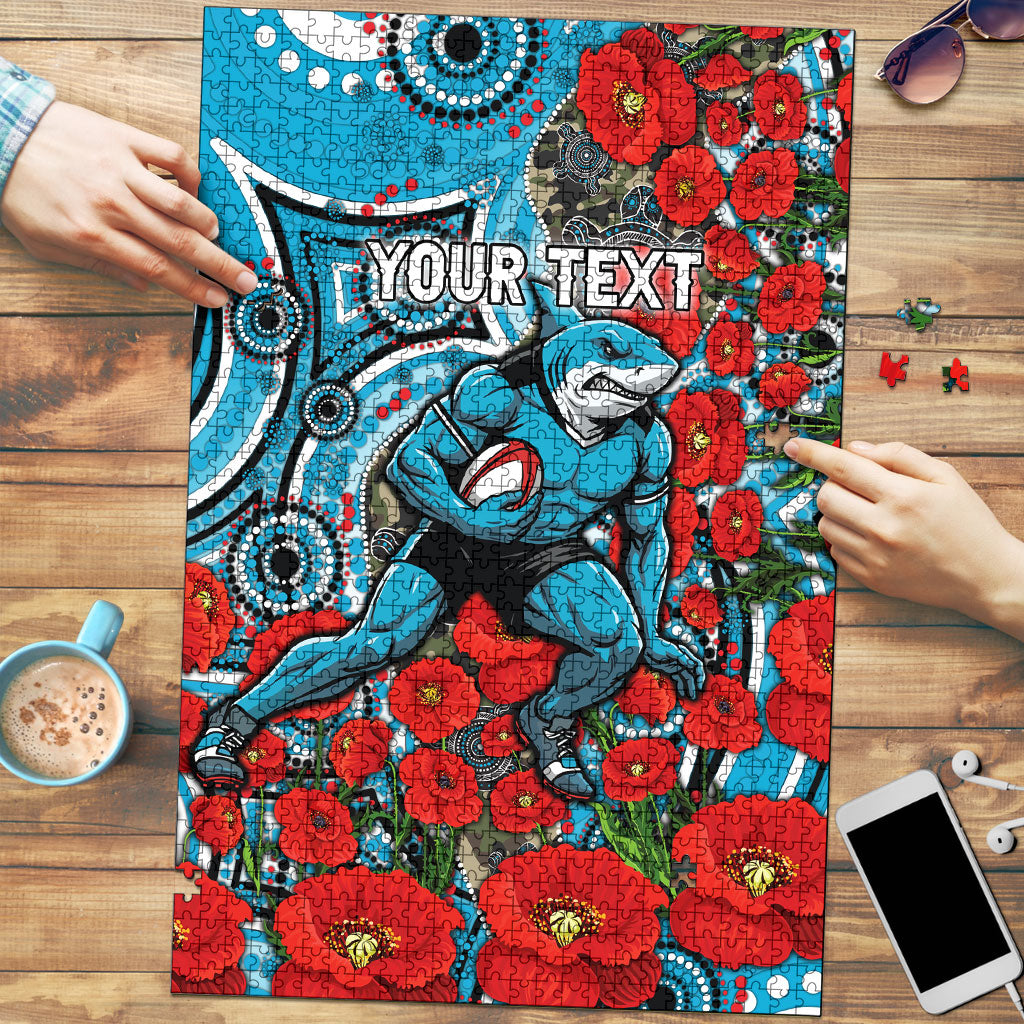 Personalised Cronulla Sharks ANZAC Puzzle Indigenous Wave Pattern Poppy Remembrance Shark Warrior