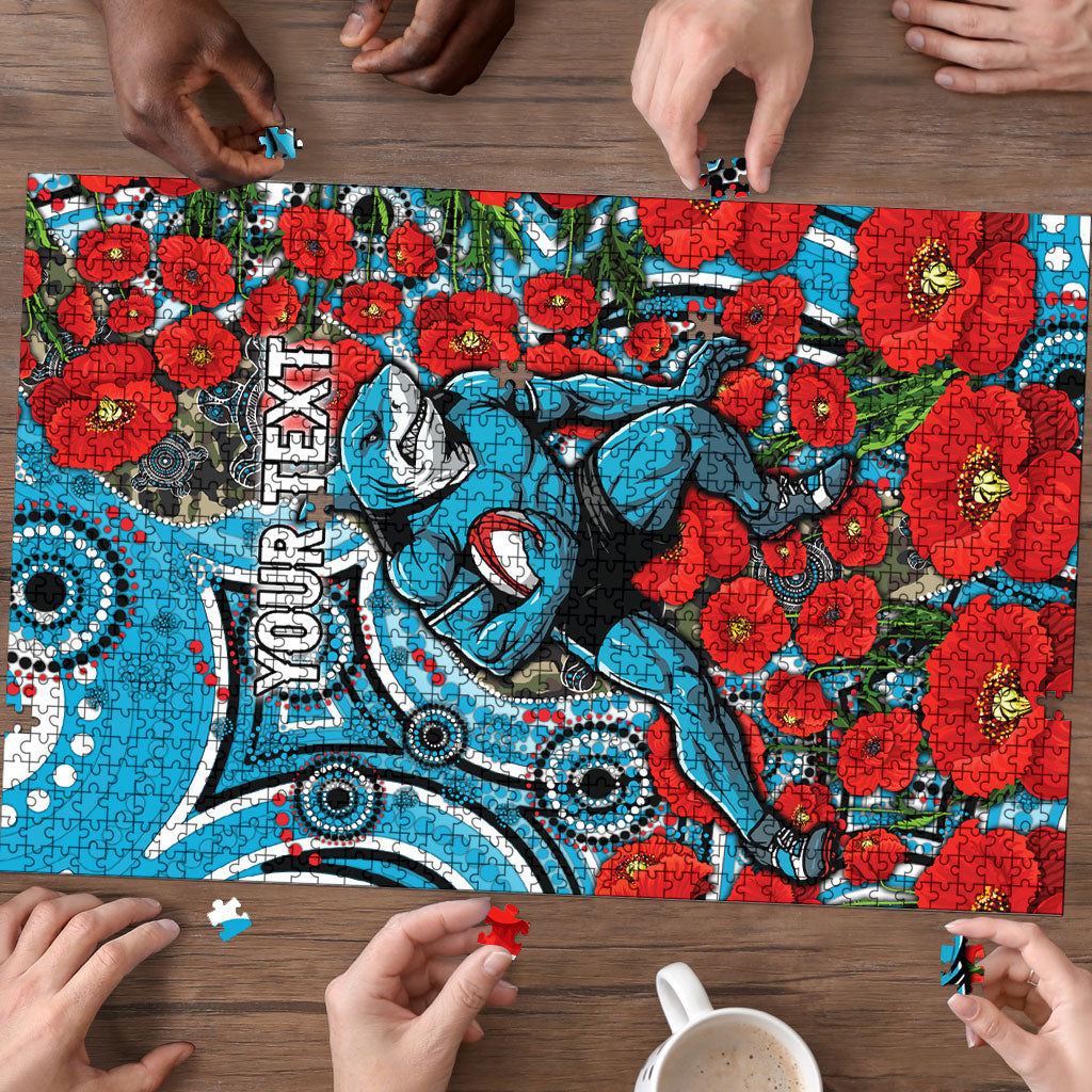 Personalised Cronulla Sharks ANZAC Puzzle Indigenous Wave Pattern Poppy Remembrance Shark Warrior