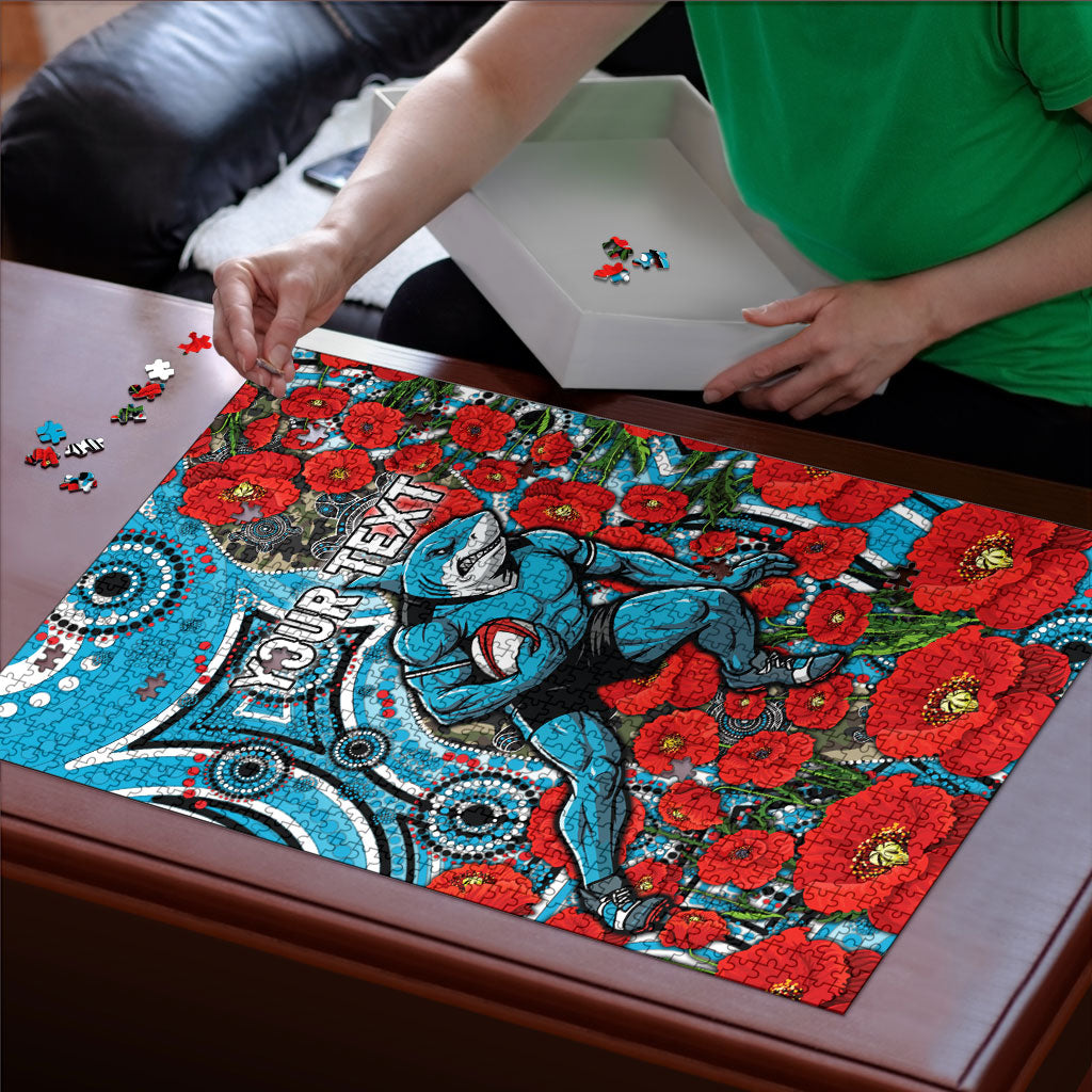 Personalised Cronulla Sharks ANZAC Puzzle Indigenous Wave Pattern Poppy Remembrance Shark Warrior
