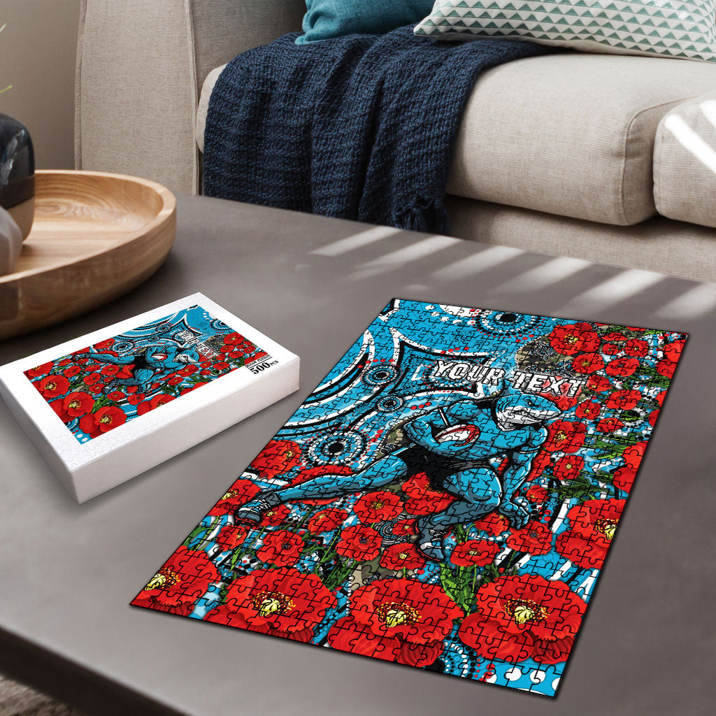 Personalised Cronulla Sharks ANZAC Puzzle Indigenous Wave Pattern Poppy Remembrance Shark Warrior