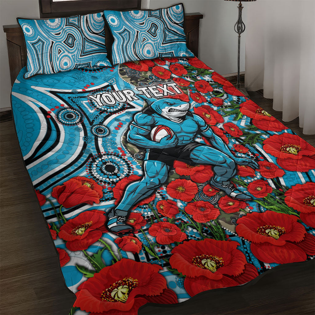 Personalised Cronulla Sharks ANZAC Quilt Bed Set Indigenous Wave Pattern Poppy Remembrance Shark Warrior