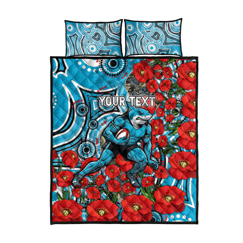 Personalised Cronulla Sharks ANZAC Quilt Bed Set Indigenous Wave Pattern Poppy Remembrance Shark Warrior
