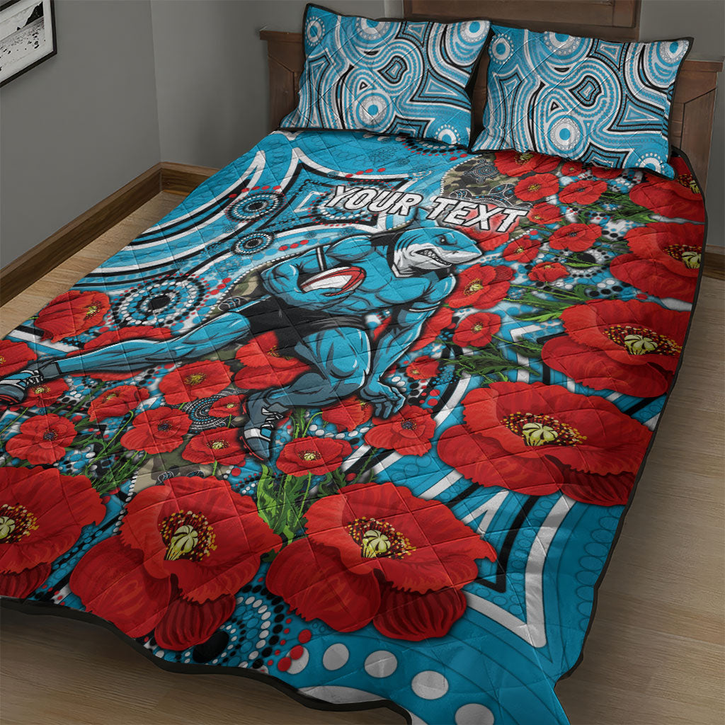Personalised Cronulla Sharks ANZAC Quilt Bed Set Indigenous Wave Pattern Poppy Remembrance Shark Warrior