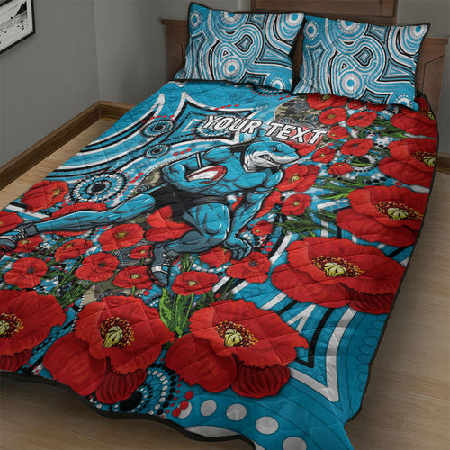 Personalised Cronulla Sharks ANZAC Quilt Bed Set Indigenous Wave Pattern Poppy Remembrance Shark Warrior