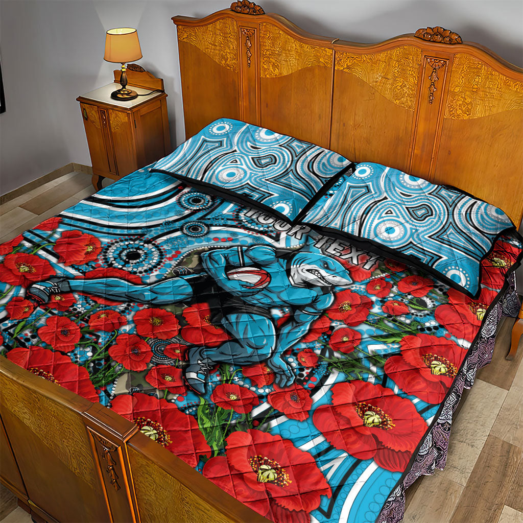 Personalised Cronulla Sharks ANZAC Quilt Bed Set Indigenous Wave Pattern Poppy Remembrance Shark Warrior