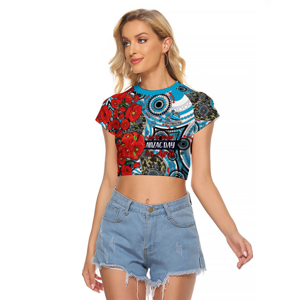 Personalised Cronulla Sharks ANZAC Raglan Cropped T Shirt Indigenous Wave Pattern Poppy Remembrance Shark Warrior