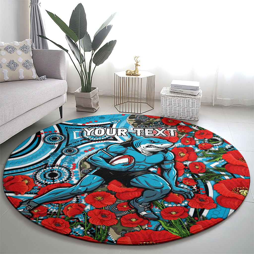 Personalised Cronulla Sharks ANZAC Round Carpet Indigenous Wave Pattern Poppy Remembrance Shark Warrior