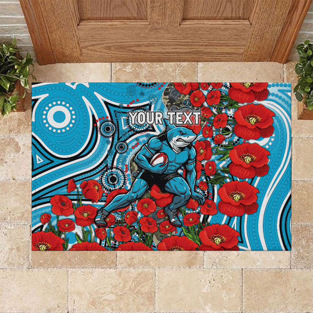Personalised Cronulla Sharks ANZAC Rubber Doormat Indigenous Wave Pattern Poppy Remembrance Shark Warrior