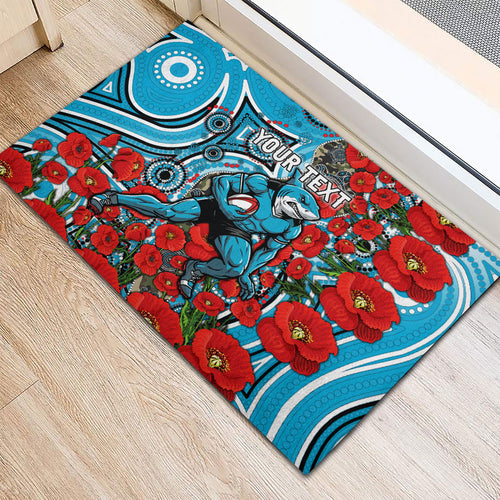 Personalised Cronulla Sharks ANZAC Rubber Doormat Indigenous Wave Pattern Poppy Remembrance Shark Warrior