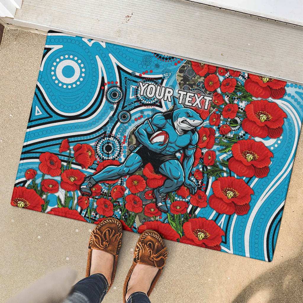 Personalised Cronulla Sharks ANZAC Rubber Doormat Indigenous Wave Pattern Poppy Remembrance Shark Warrior