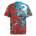 Personalised Cronulla Sharks ANZAC Rugby Jersey Indigenous Wave Pattern Poppy Remembrance Shark Warrior