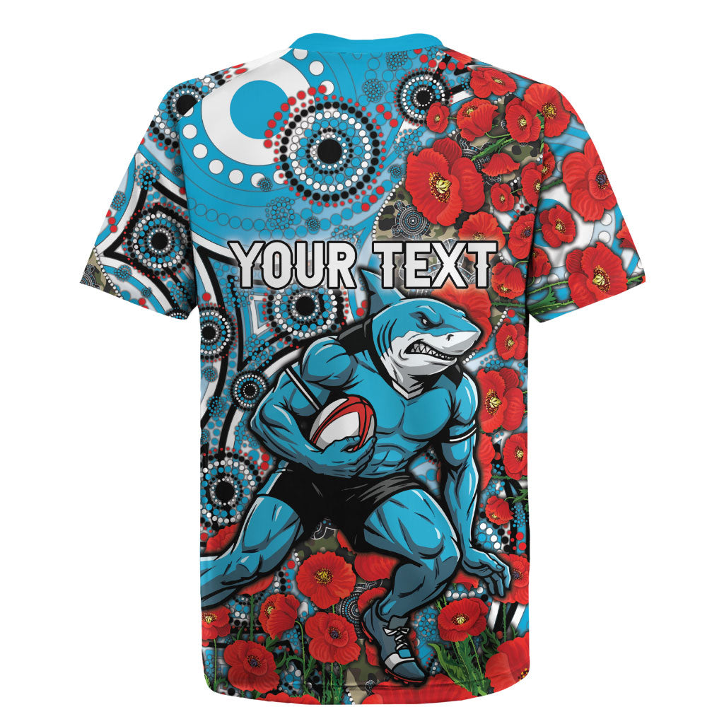 Personalised Cronulla Sharks ANZAC Rugby Jersey Indigenous Wave Pattern Poppy Remembrance Shark Warrior