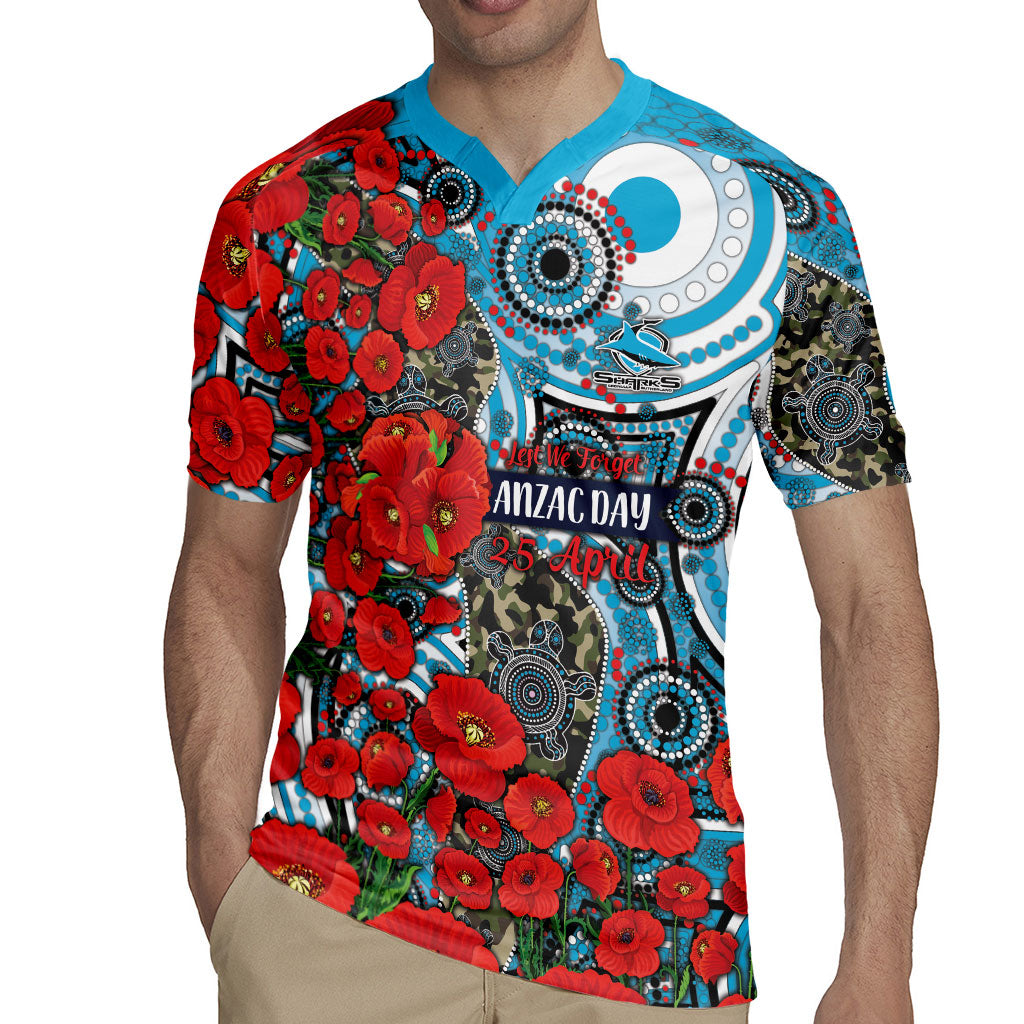 Personalised Cronulla Sharks ANZAC Rugby Jersey Indigenous Wave Pattern Poppy Remembrance Shark Warrior