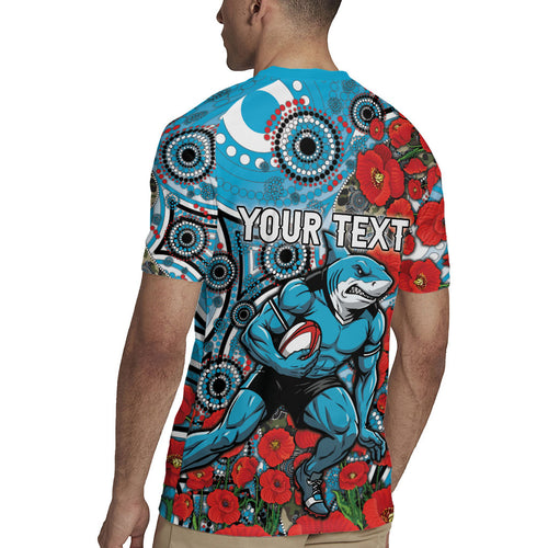 Personalised Cronulla Sharks ANZAC Rugby Jersey Indigenous Wave Pattern Poppy Remembrance Shark Warrior