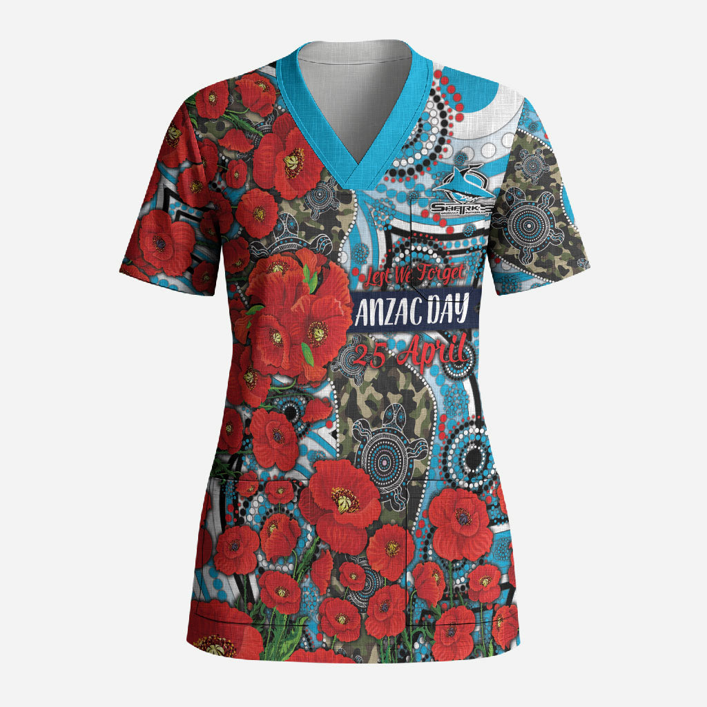Personalised Cronulla Sharks ANZAC Scrub Top Indigenous Wave Pattern Poppy Remembrance Shark Warrior