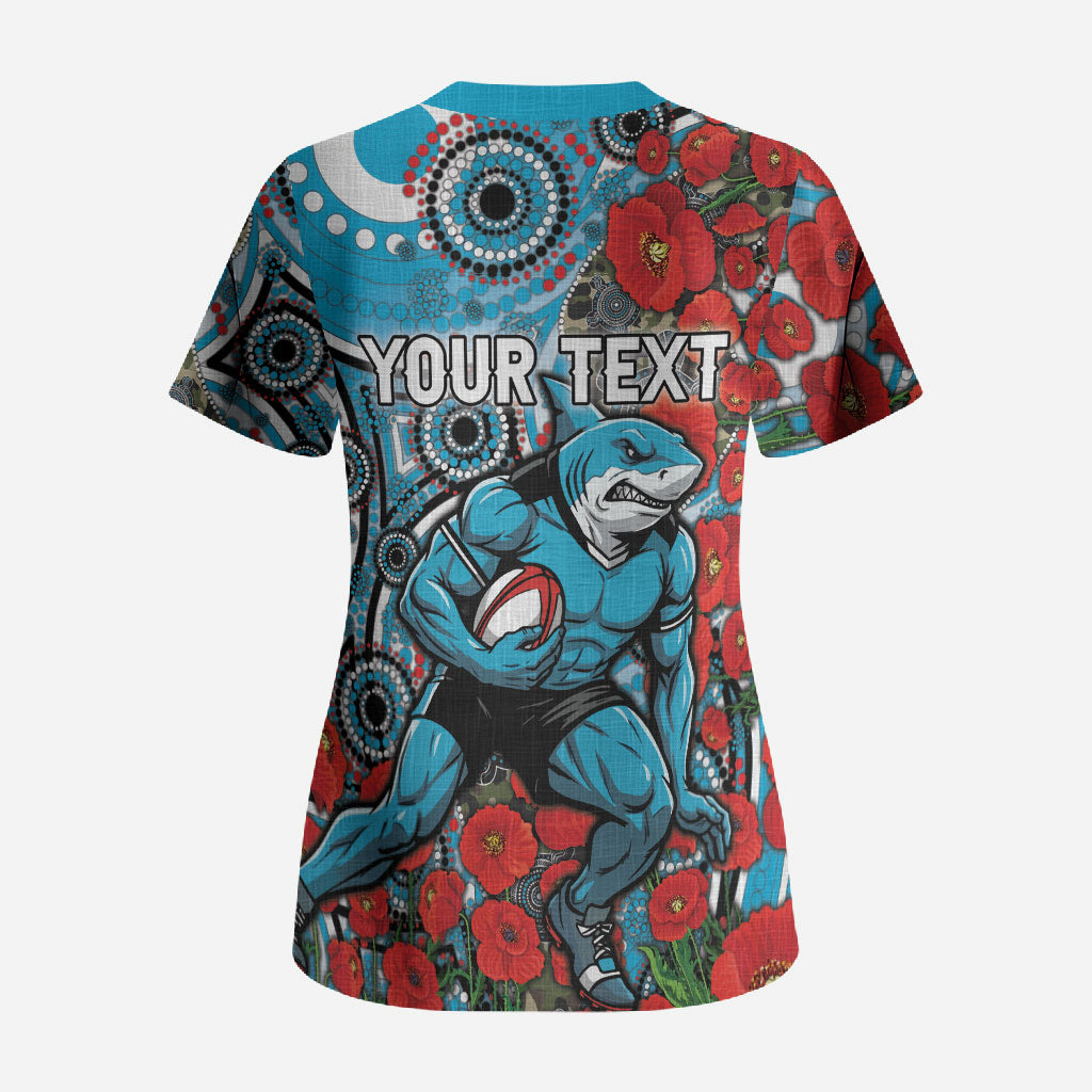 Personalised Cronulla Sharks ANZAC Scrub Top Indigenous Wave Pattern Poppy Remembrance Shark Warrior