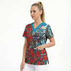 Personalised Cronulla Sharks ANZAC Scrub Top Indigenous Wave Pattern Poppy Remembrance Shark Warrior
