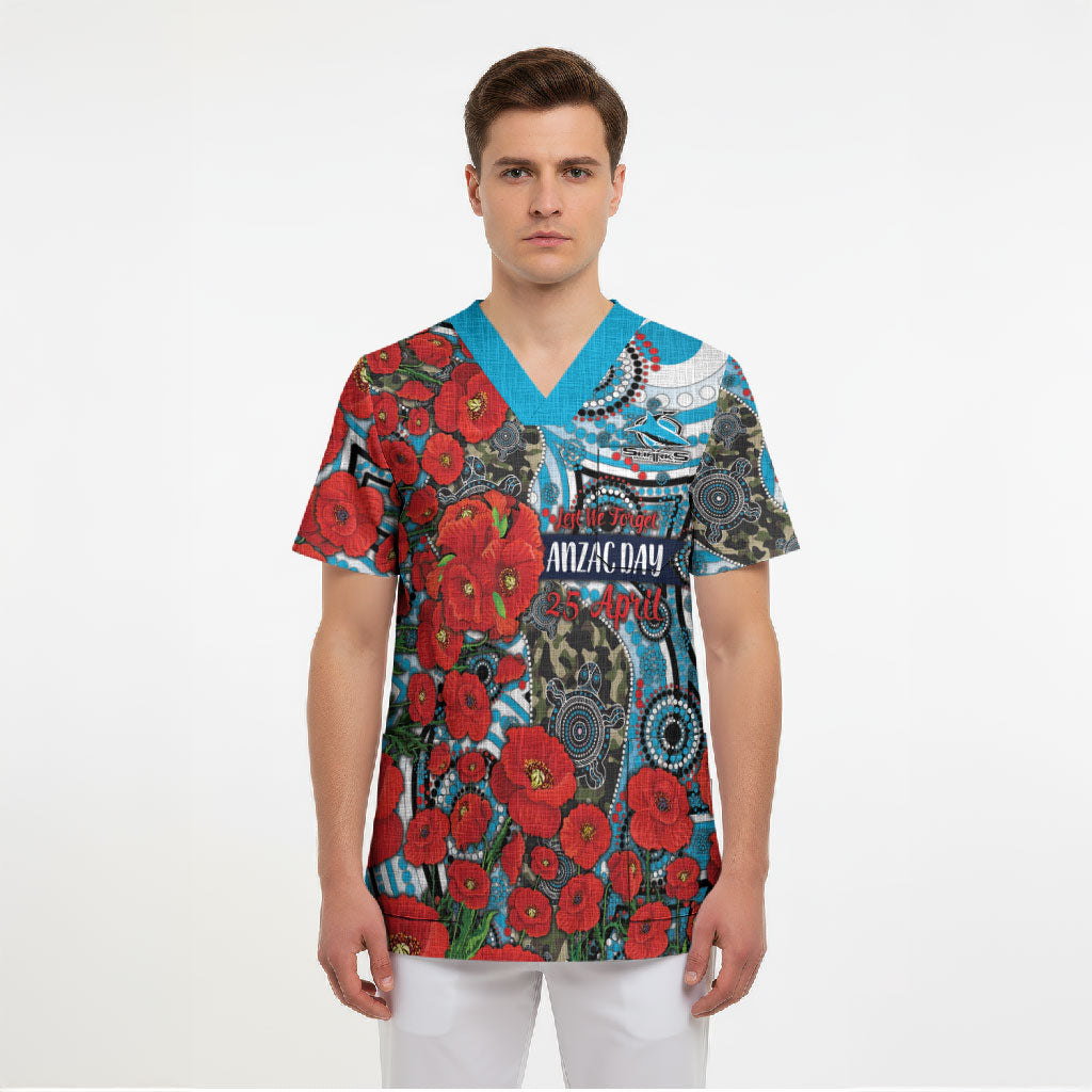 Personalised Cronulla Sharks ANZAC Scrub Top Indigenous Wave Pattern Poppy Remembrance Shark Warrior
