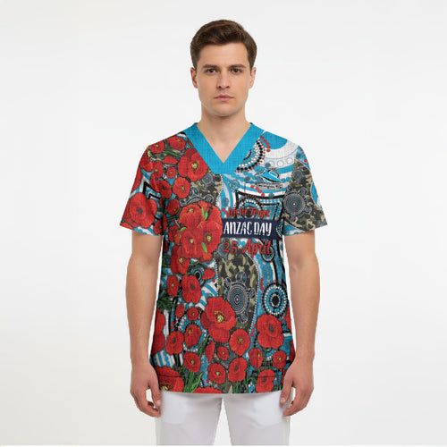 Personalised Cronulla Sharks ANZAC Scrub Top Indigenous Wave Pattern Poppy Remembrance Shark Warrior