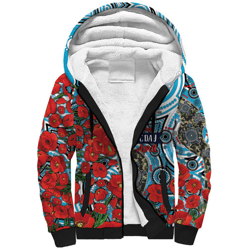 Personalised Cronulla Sharks ANZAC Sherpa Hoodie Indigenous Wave Pattern Poppy Remembrance Shark Warrior