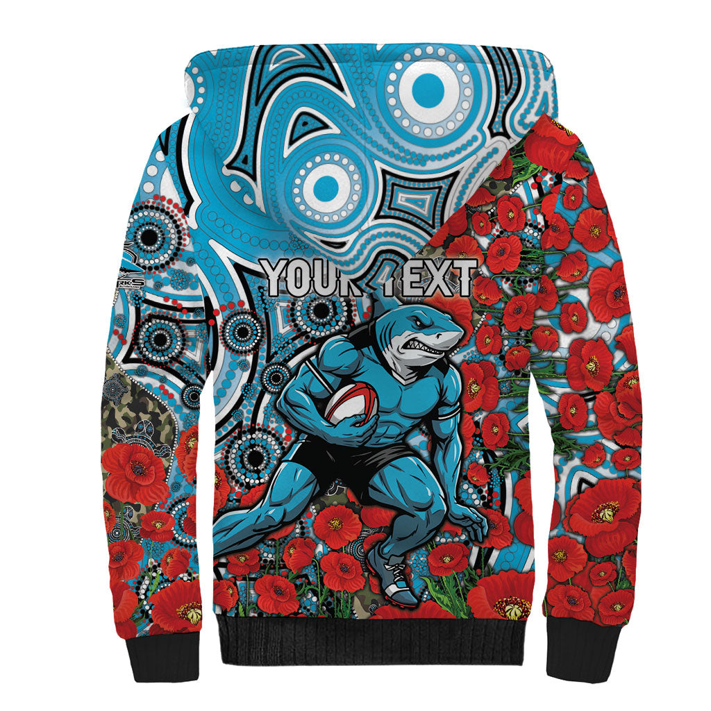 Personalised Cronulla Sharks ANZAC Sherpa Hoodie Indigenous Wave Pattern Poppy Remembrance Shark Warrior