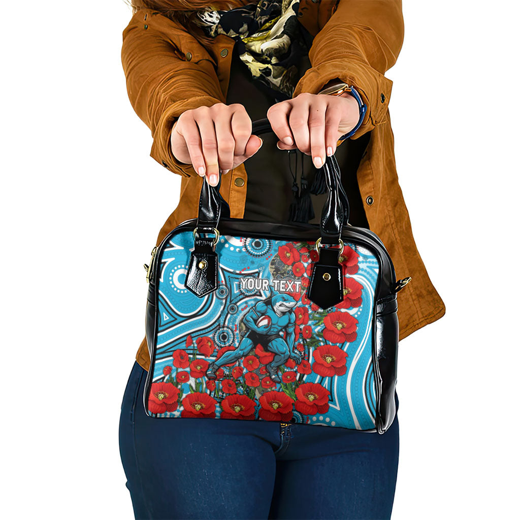 Personalised Cronulla Sharks ANZAC Shoulder Handbag Indigenous Wave Pattern Poppy Remembrance Shark Warrior