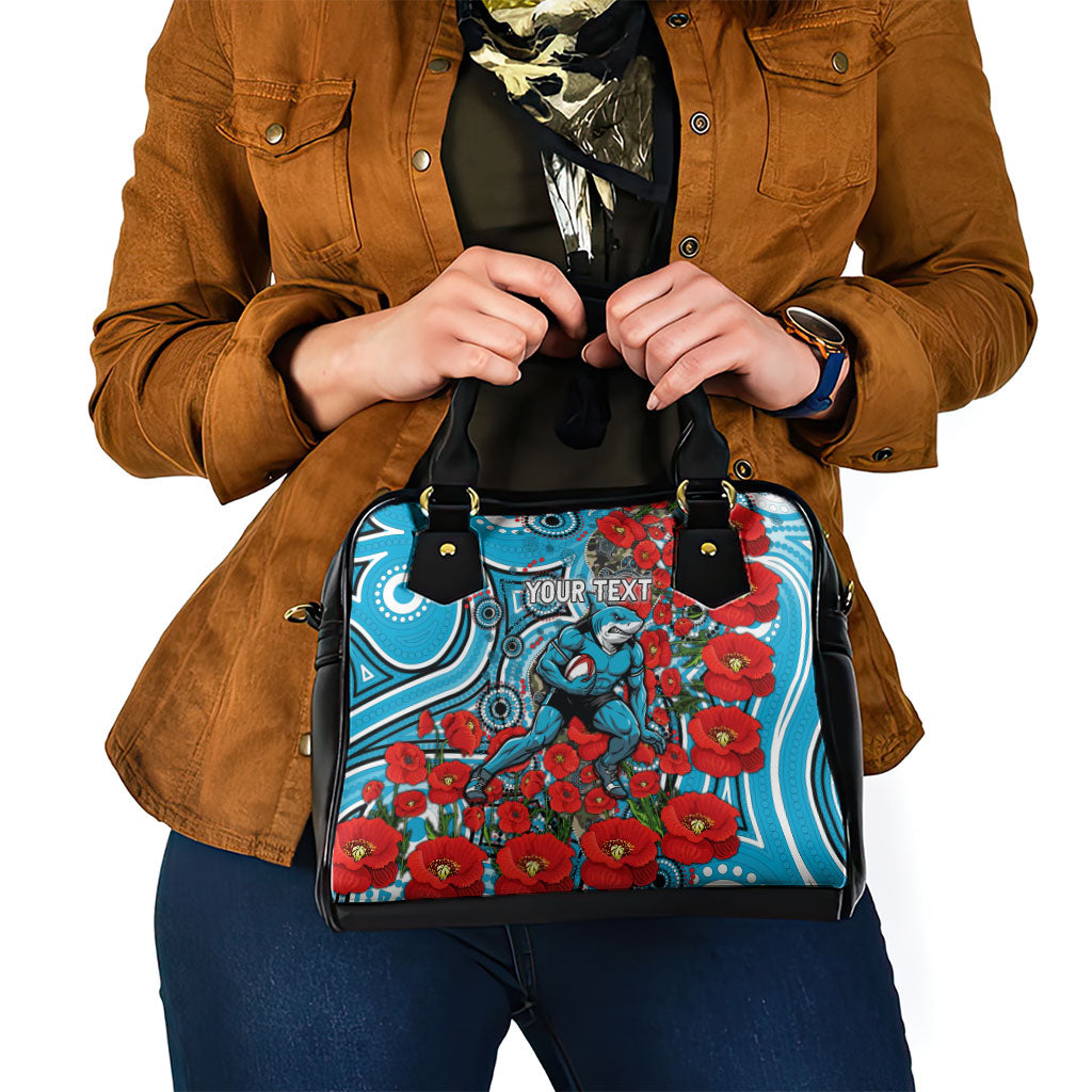 Personalised Cronulla Sharks ANZAC Shoulder Handbag Indigenous Wave Pattern Poppy Remembrance Shark Warrior