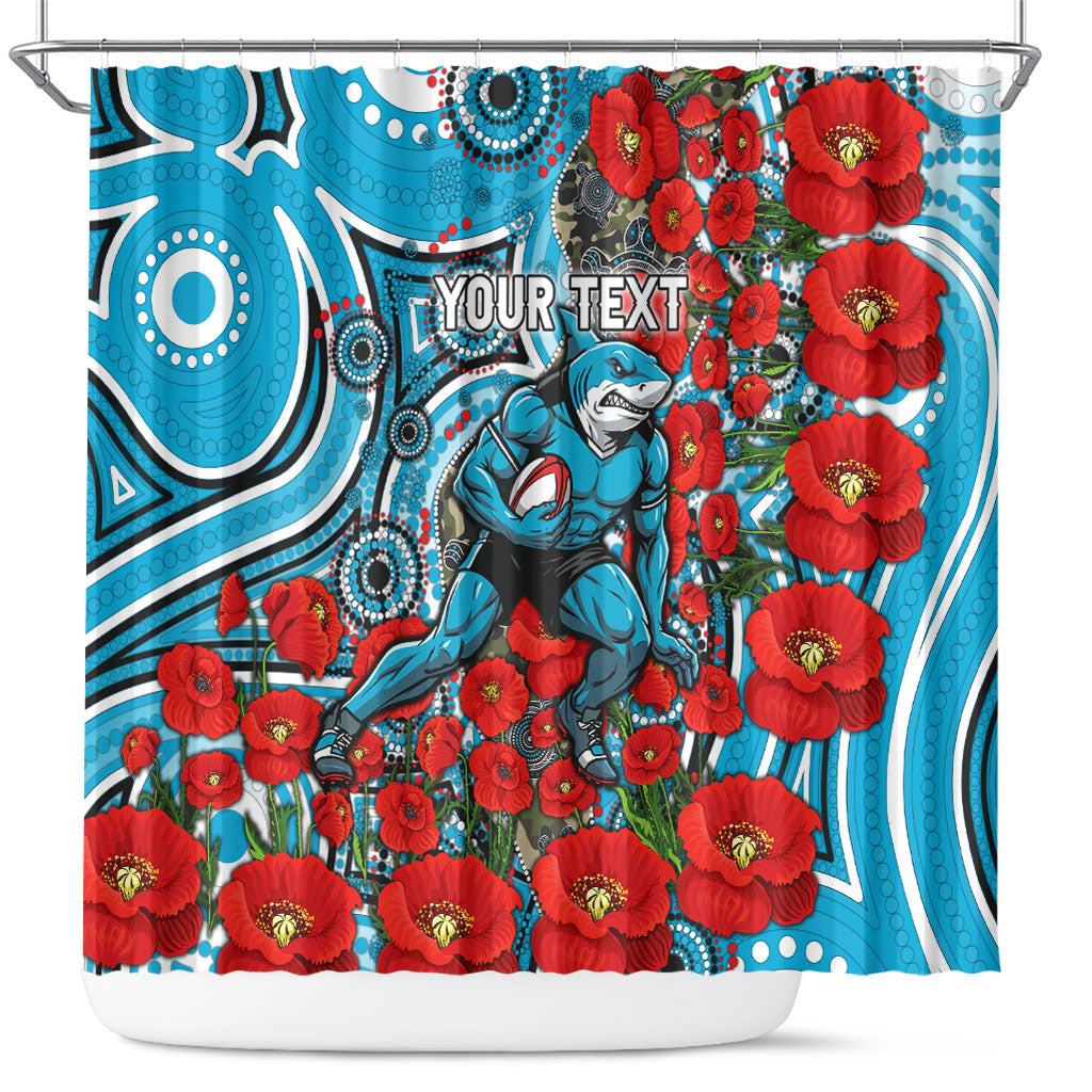 Personalised Cronulla Sharks ANZAC Shower Curtain Indigenous Wave Pattern Poppy Remembrance Shark Warrior
