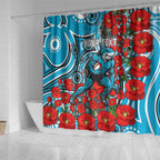 Personalised Cronulla Sharks ANZAC Shower Curtain Indigenous Wave Pattern Poppy Remembrance Shark Warrior