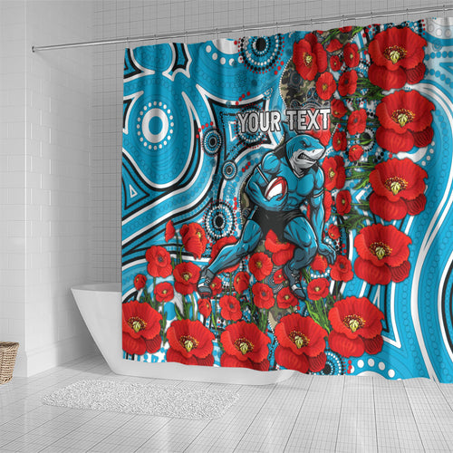 Personalised Cronulla Sharks ANZAC Shower Curtain Indigenous Wave Pattern Poppy Remembrance Shark Warrior