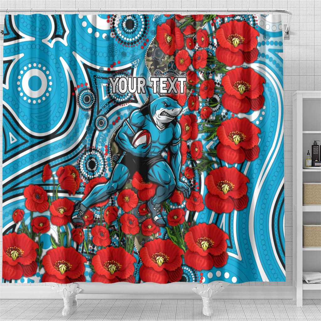 Personalised Cronulla Sharks ANZAC Shower Curtain Indigenous Wave Pattern Poppy Remembrance Shark Warrior