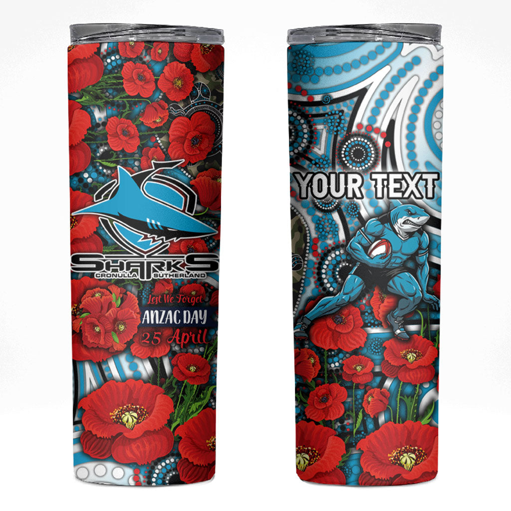 Personalised Cronulla Sharks ANZAC Skinny Tumbler Indigenous Wave Pattern Poppy Remembrance Shark Warrior