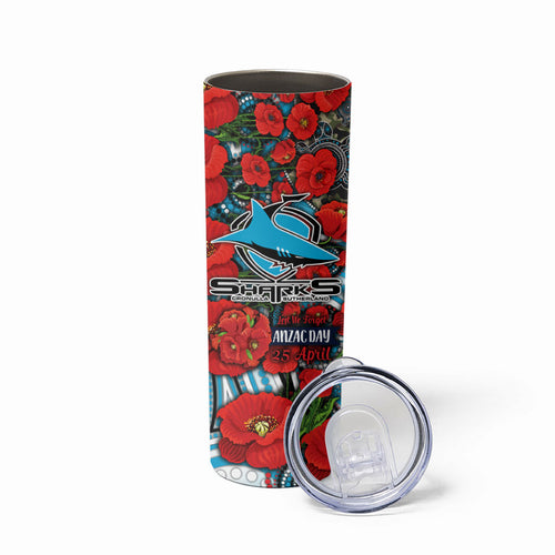 Personalised Cronulla Sharks ANZAC Skinny Tumbler Indigenous Wave Pattern Poppy Remembrance Shark Warrior
