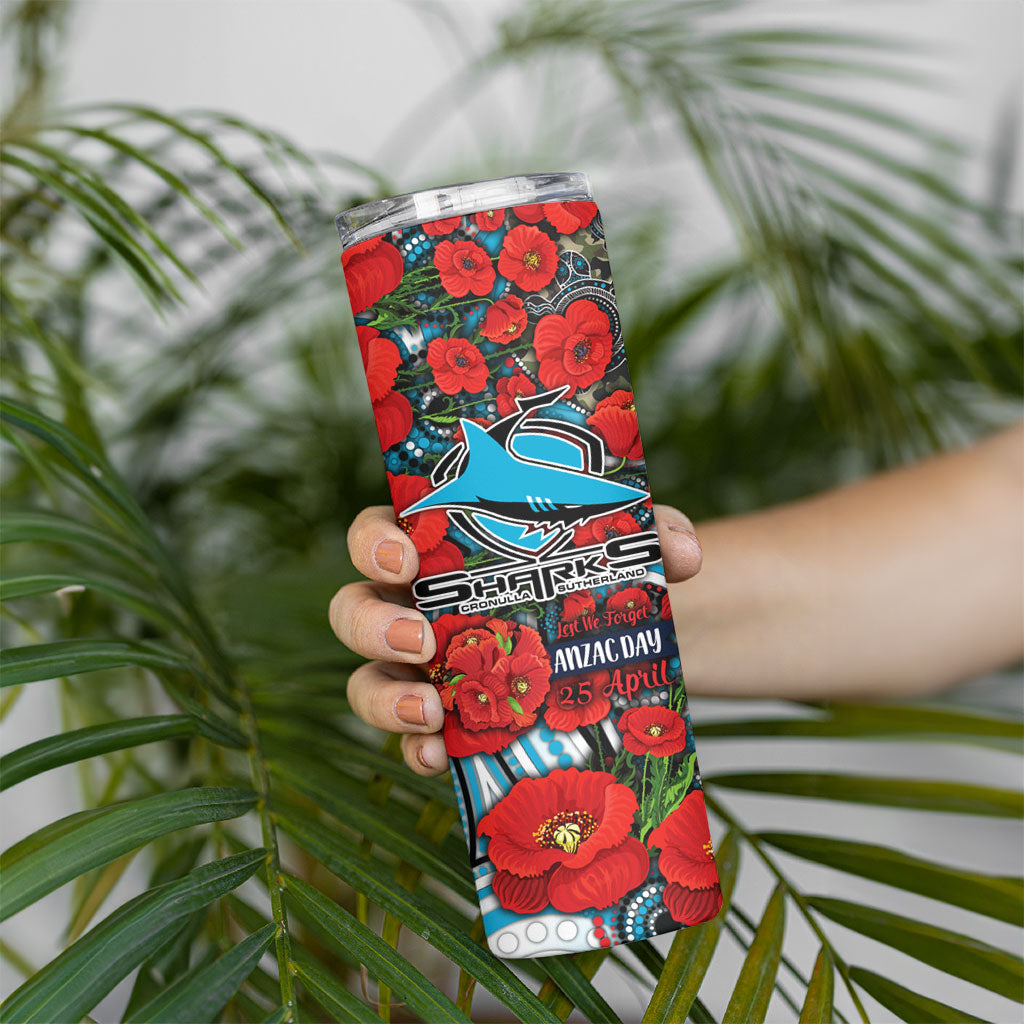 Personalised Cronulla Sharks ANZAC Skinny Tumbler Indigenous Wave Pattern Poppy Remembrance Shark Warrior