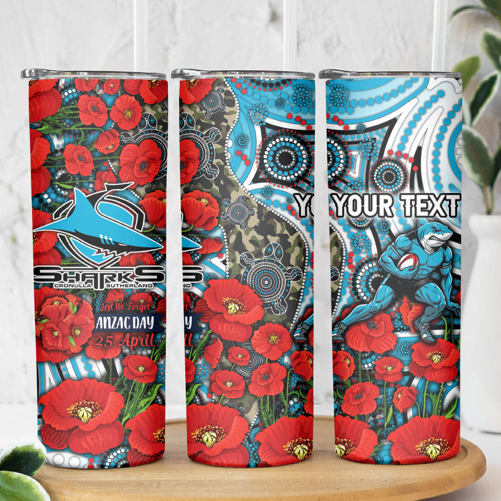 Personalised Cronulla Sharks ANZAC Skinny Tumbler Indigenous Wave Pattern Poppy Remembrance Shark Warrior