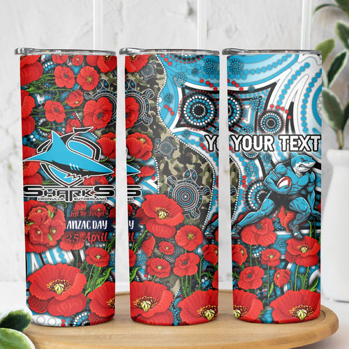 Personalised Cronulla Sharks ANZAC Skinny Tumbler Indigenous Wave Pattern Poppy Remembrance Shark Warrior
