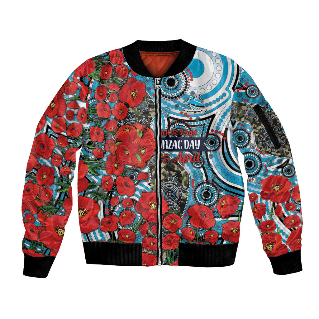 Personalised Cronulla Sharks ANZAC Sleeve Zip Bomber Jacket Indigenous Wave Pattern Poppy Remembrance Shark Warrior