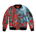 Personalised Cronulla Sharks ANZAC Sleeve Zip Bomber Jacket Indigenous Wave Pattern Poppy Remembrance Shark Warrior